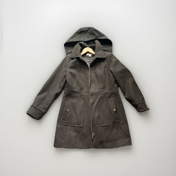Michael Kors Wool Blend Hooded Trench Coat Women’s Large Olive Green Classic - Picture 1 of 14